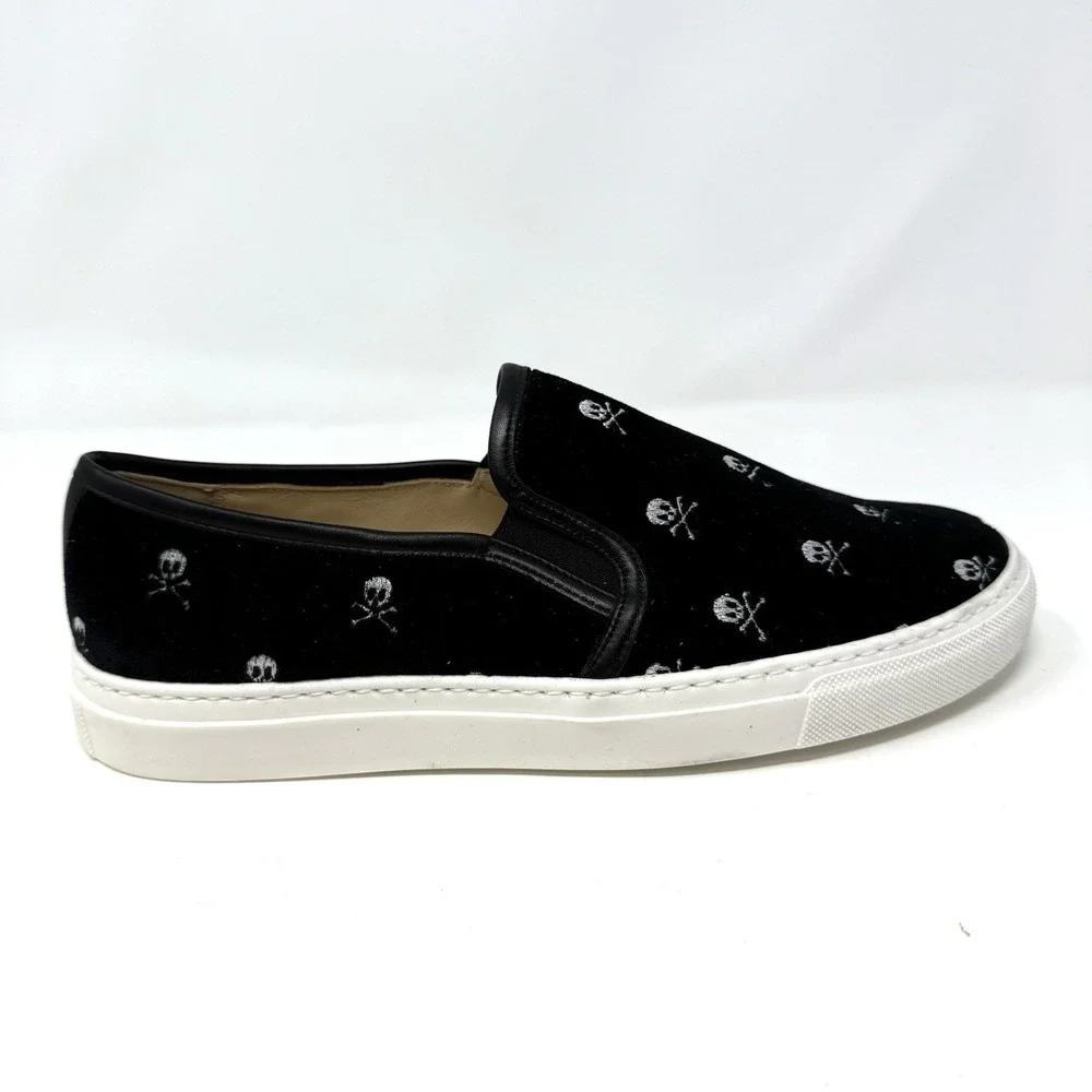 Jon Josef Bari Sneaker Loafer‎ Slip-on Shoe Black Velvet Skull & Crossbones 38 8